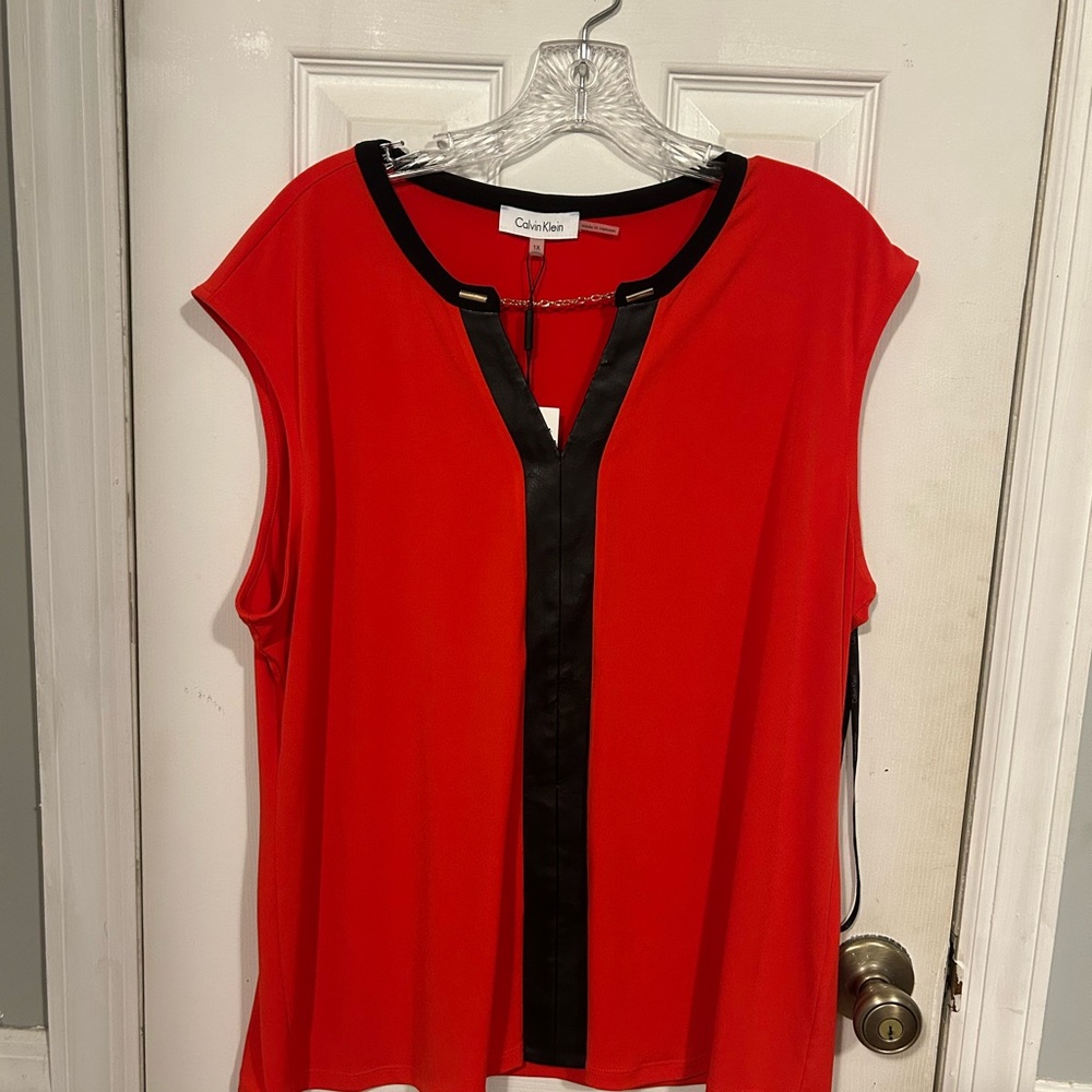 NWT Calvin Klein Vibrant Red Blouse with Sleek Leather Trim & Gold Chain